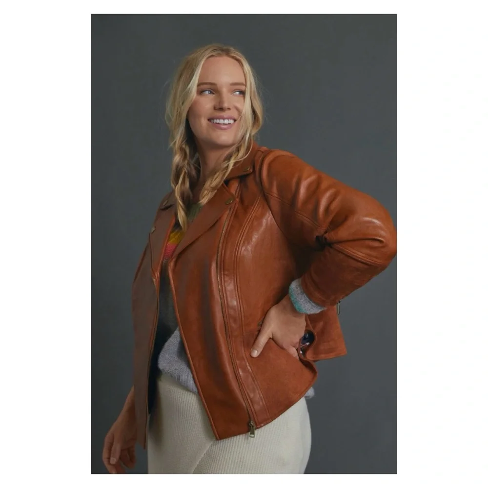 NWOT Anthropologie Robyn Faux Leather Moto Jacket in Brown  Size 1X